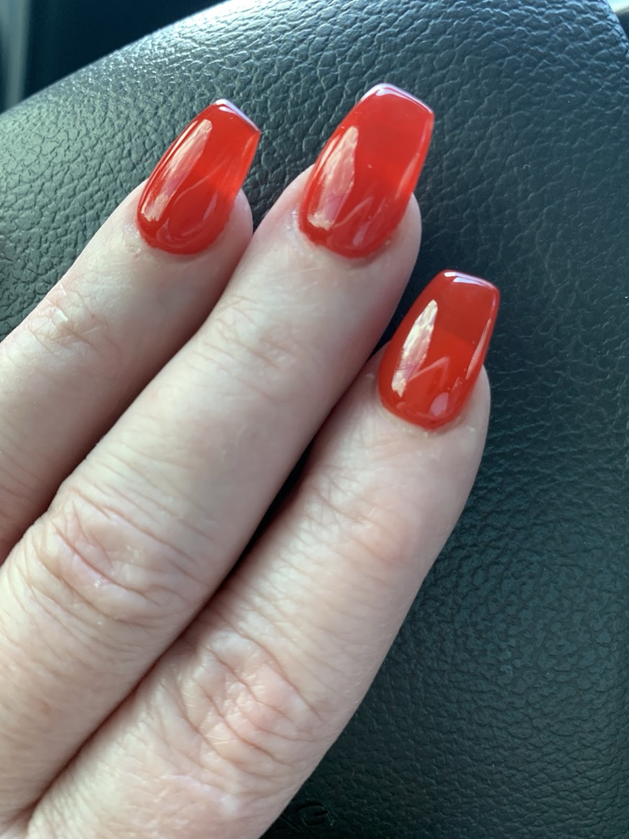 Glossy cherry-red square-tip gel nails