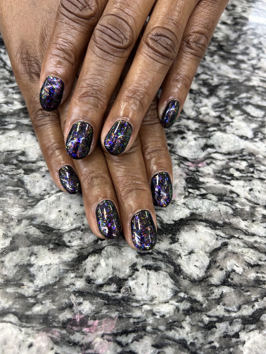 Deep holographic glitter gel nails done at Eagle Nails & Spa in Stockbridge, GA